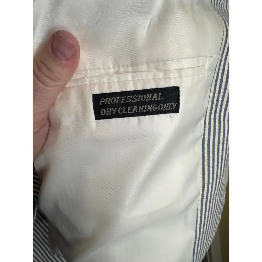 Hardy Amies Vintage Two-Piece Suit 36x30 White w/ Blue Stripes 100% Cotton